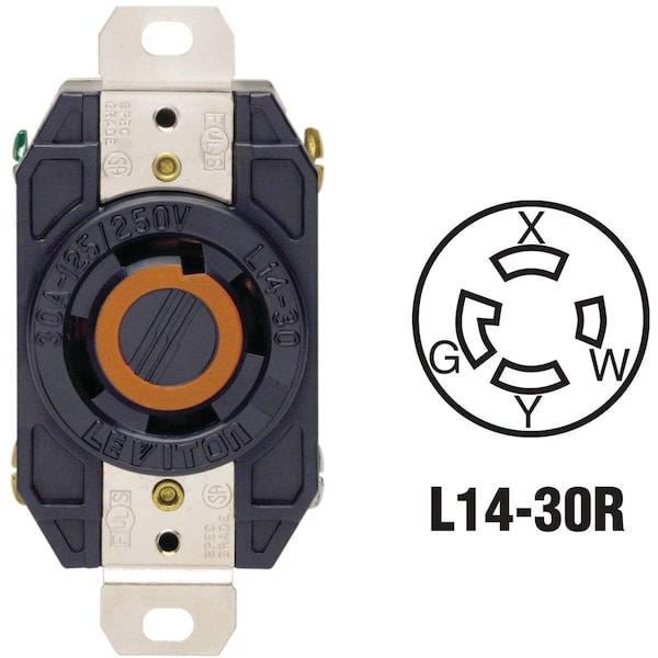 Locking Receptacle, L14-30R, 30 A, 125/250V AC, Black